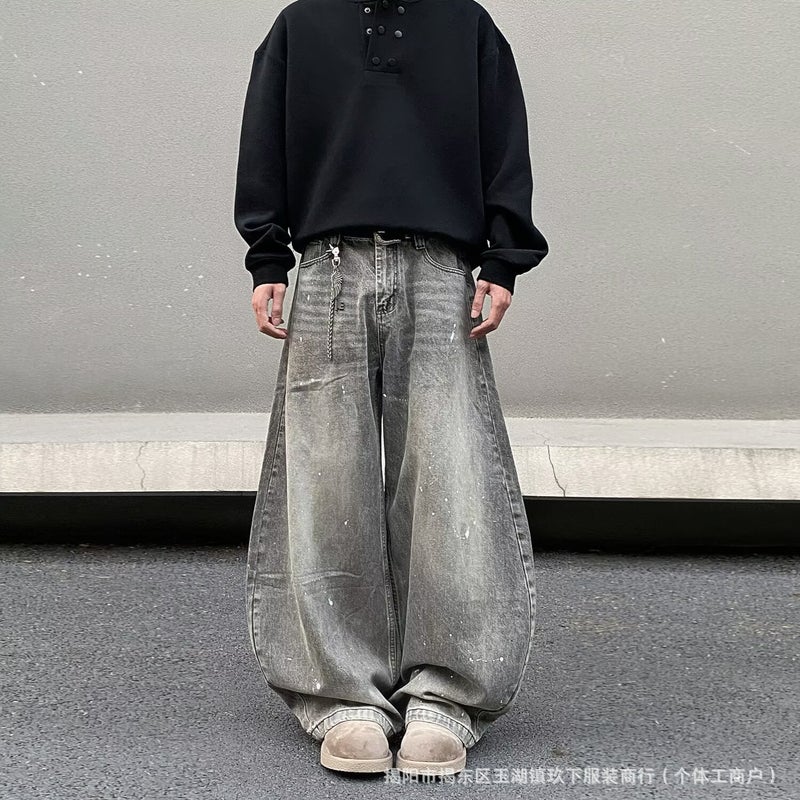 2025 American Retro Street Distressed Cat Whiskers Scimitar Small Crowd Washed Splash Ink Lazy Profile Wide Leg Denim - Image 4